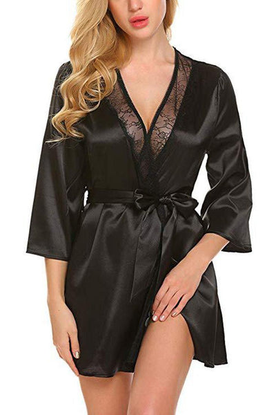 Black Long Sleeve Satin Lace Trim Belted Robe - AMIClubwear