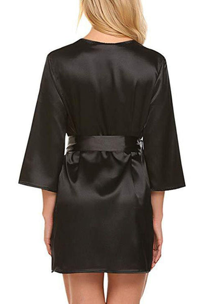 Black Long Sleeve Satin Lace Trim Belted Robe - AMIClubwear
