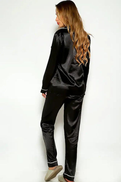 Black Long sleeve Satin Two Piece Pajama Set - AMIClubwear