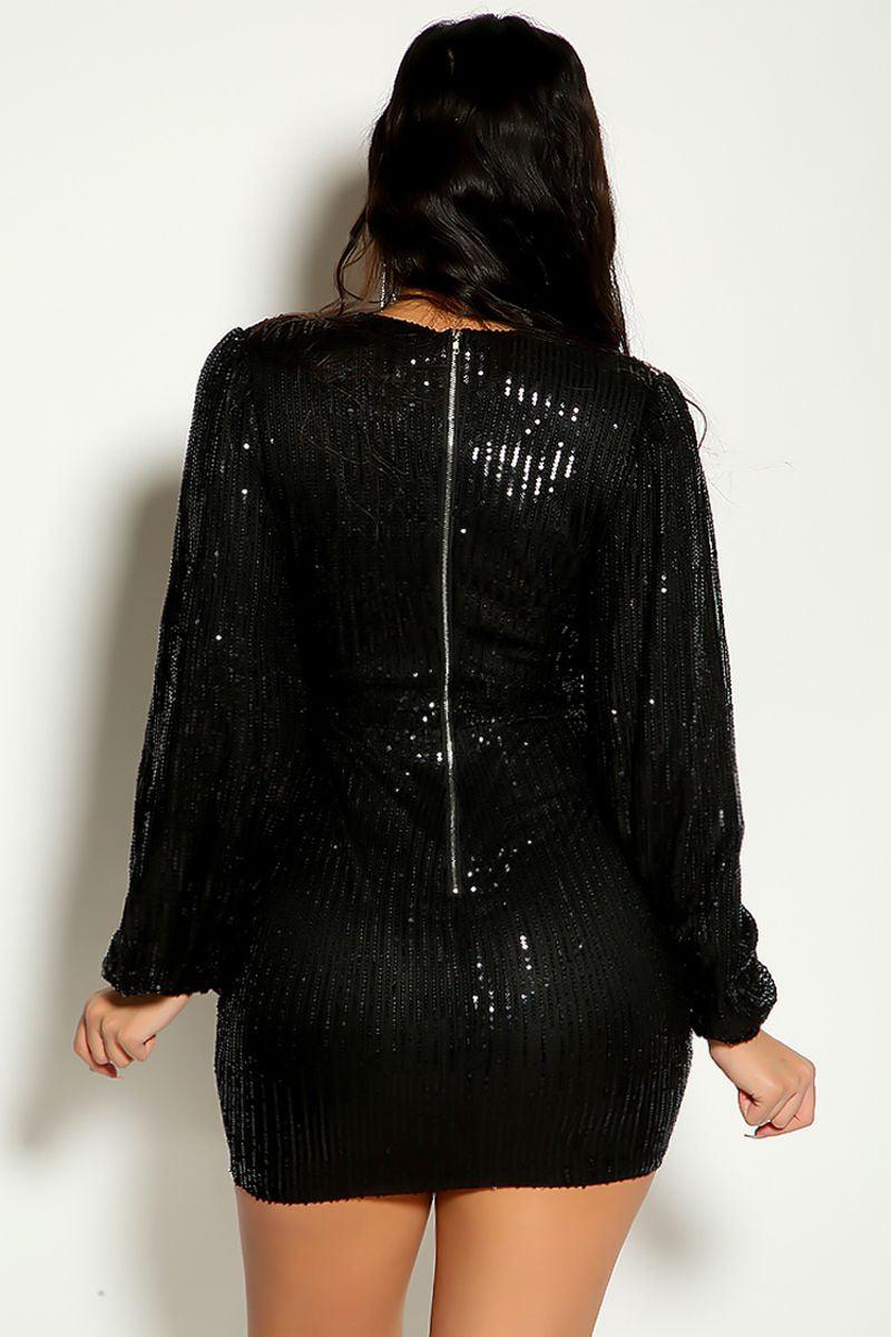 Black Long Sleeve Sequins Draped Detail Party Dress - AMIClubwear