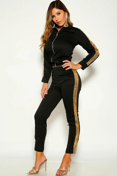 Black Long Sleeve Sequins Two Piece Outfit - AMIClubwear