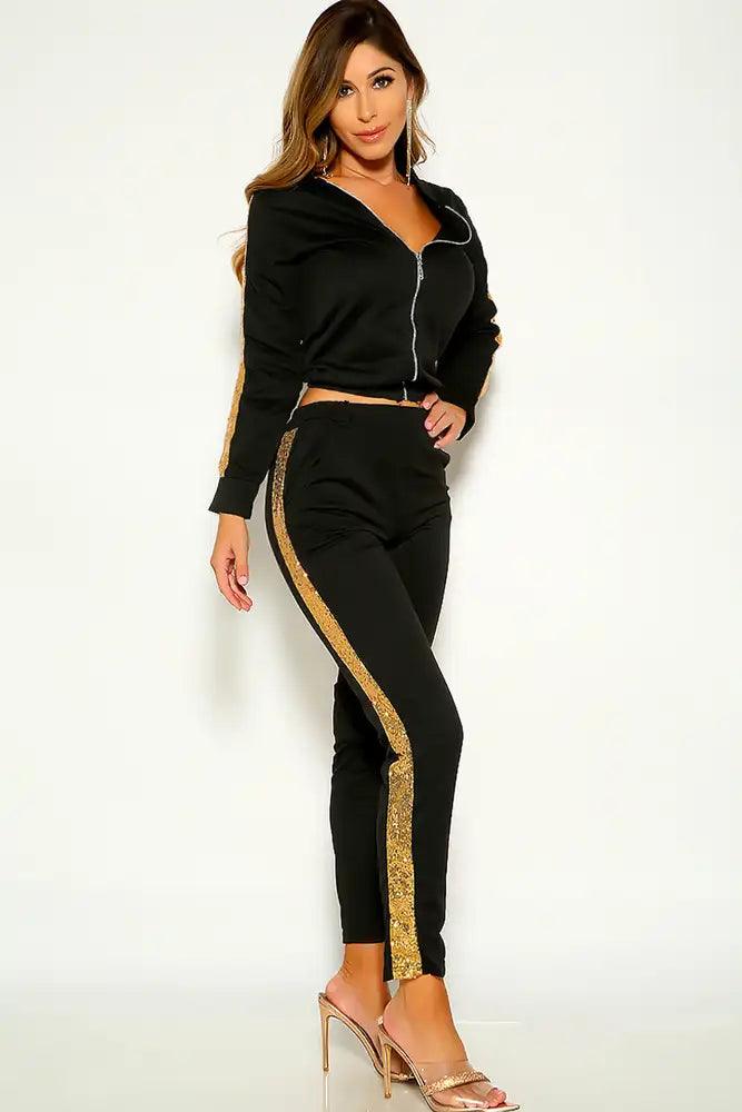 Black Long Sleeve Sequins Two Piece Outfit - AMIClubwear