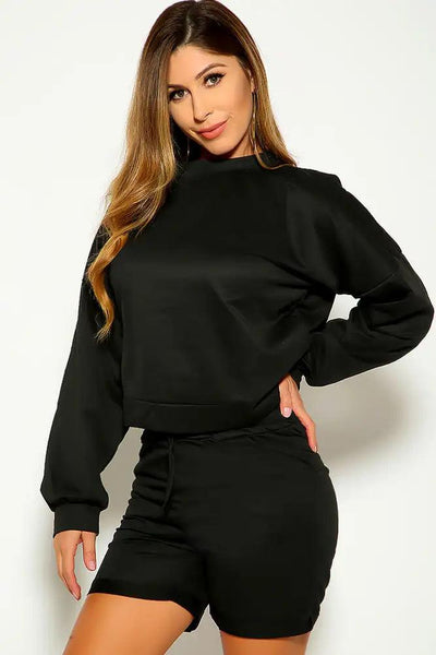 Black Long Sleeve Shorts Two Piece Lounge Wear Outfit - AMIClubwear