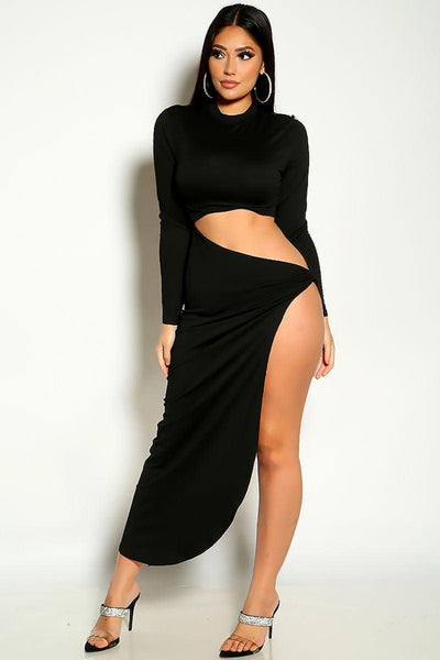 Black Long Sleeve Side Cut Out High Slit Party Dress - AMIClubwear