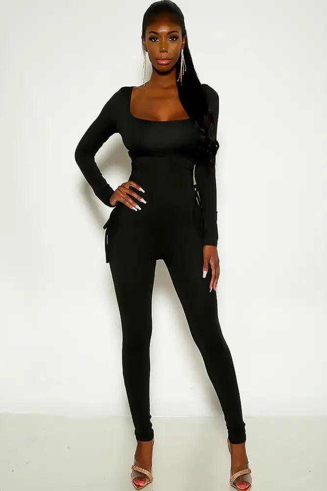 Black Long Sleeve Side Lace Up Stretchy Jumpsuit