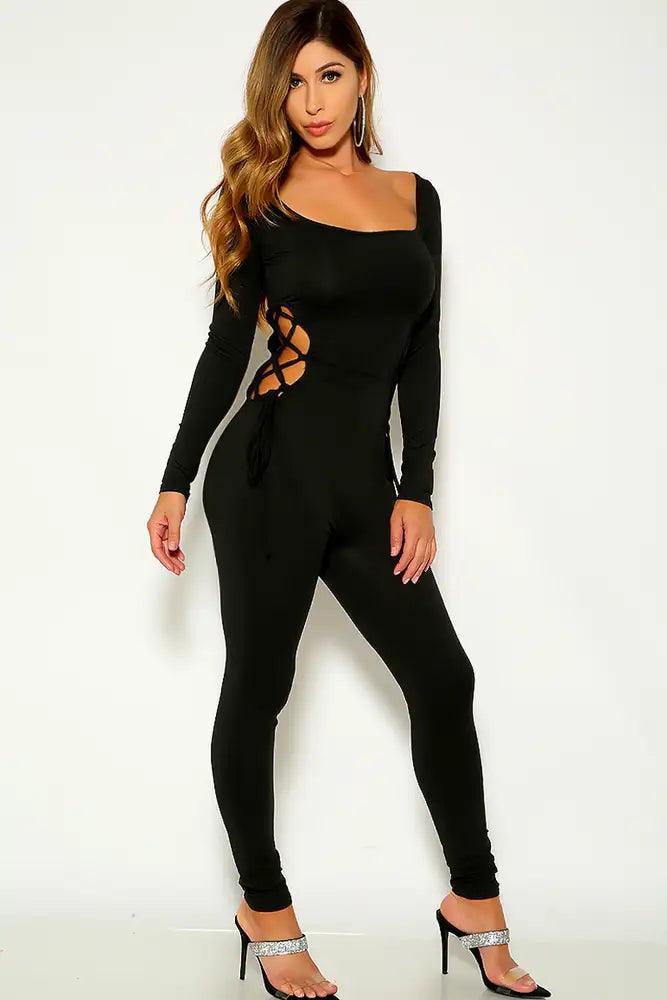 Black Long Sleeve Side Lace Up Stretchy Jumpsuit - AMIClubwear