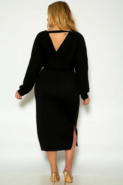 Black Long Sleeve Side Slit Belted Dress - AMIClubwear