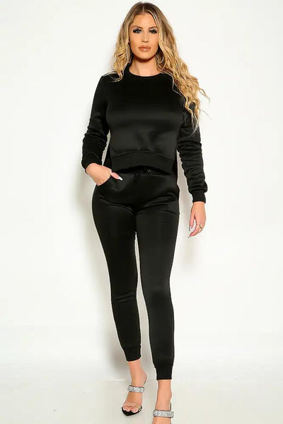 Black Long Sleeve Side Slit Detail Two Piece Outfit - AMIClubwear