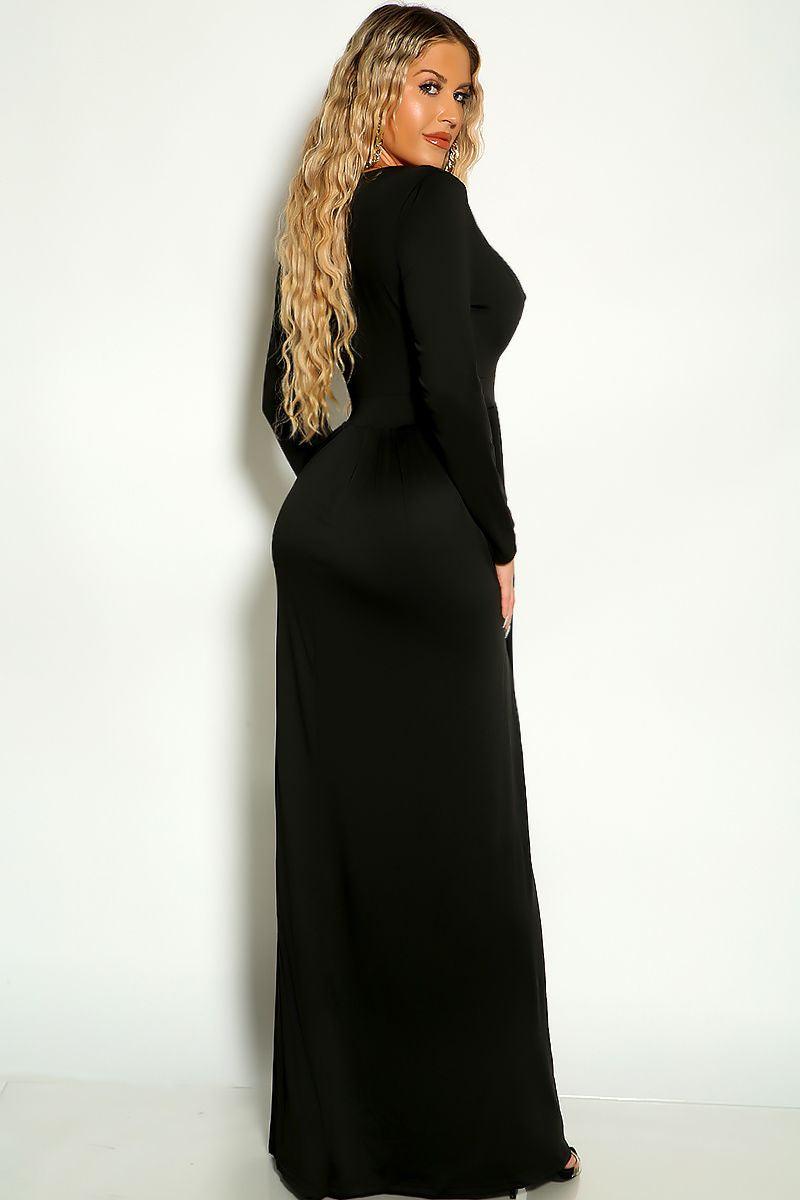 Black Long Sleeve Side Slit Maxi Dress - AMIClubwear