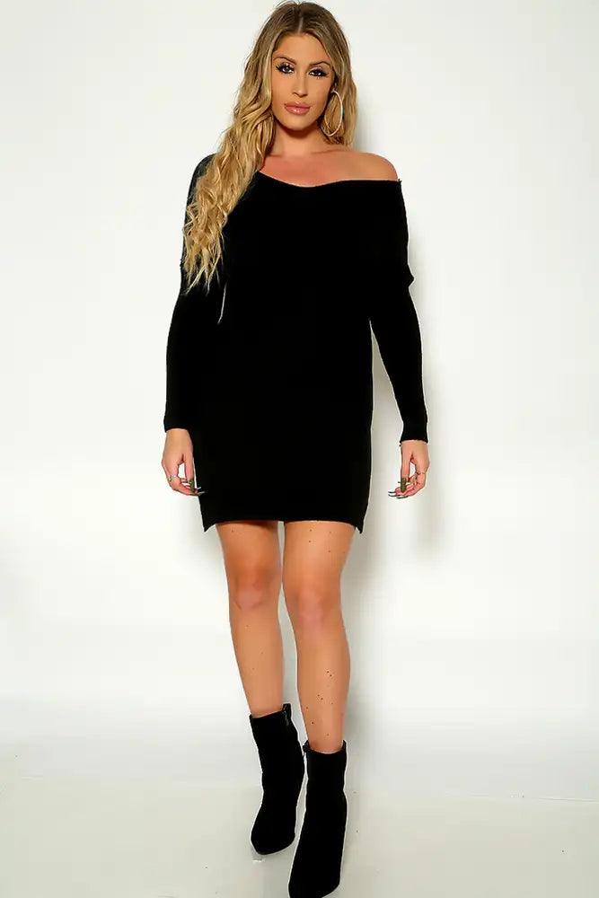 Black Long Sleeve Side Slit Party Dress - AMIClubwear