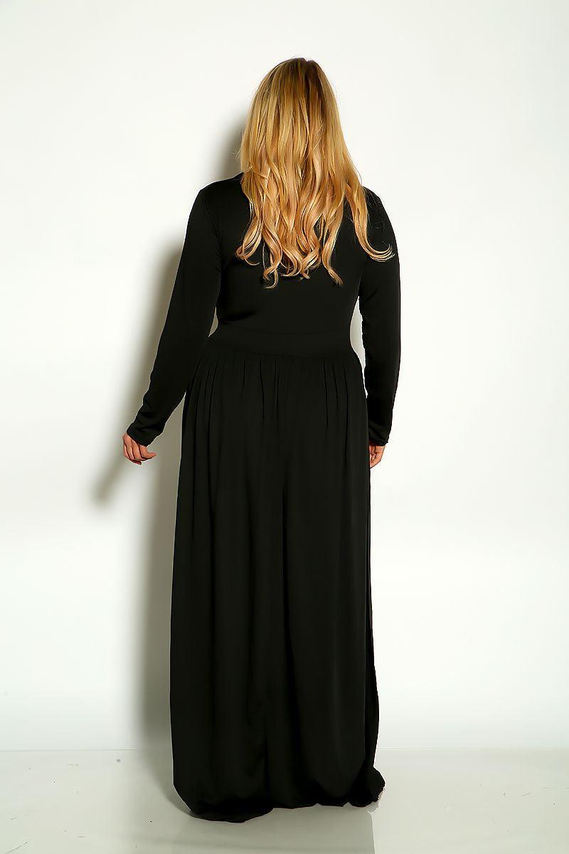 Black Long Sleeve Side Slit Plus Size Maxi Dress - AMIClubwear