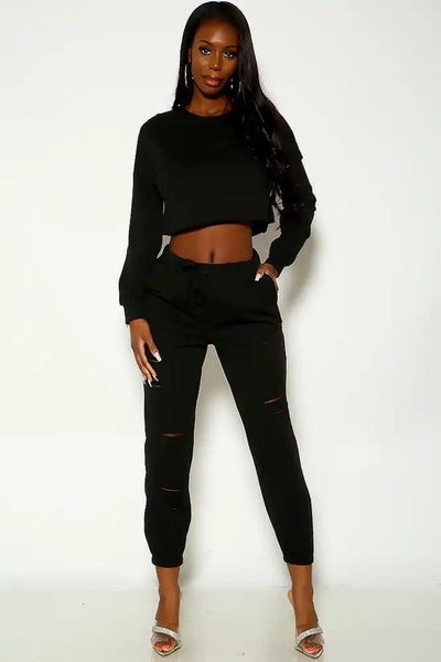 Black Long Sleeve Slit Detail two Piece Outfit - AMIClubwear