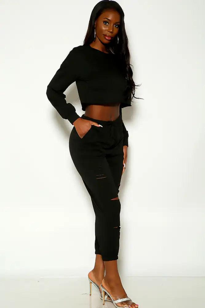 Black Long Sleeve Slit Detail two Piece Outfit - AMIClubwear