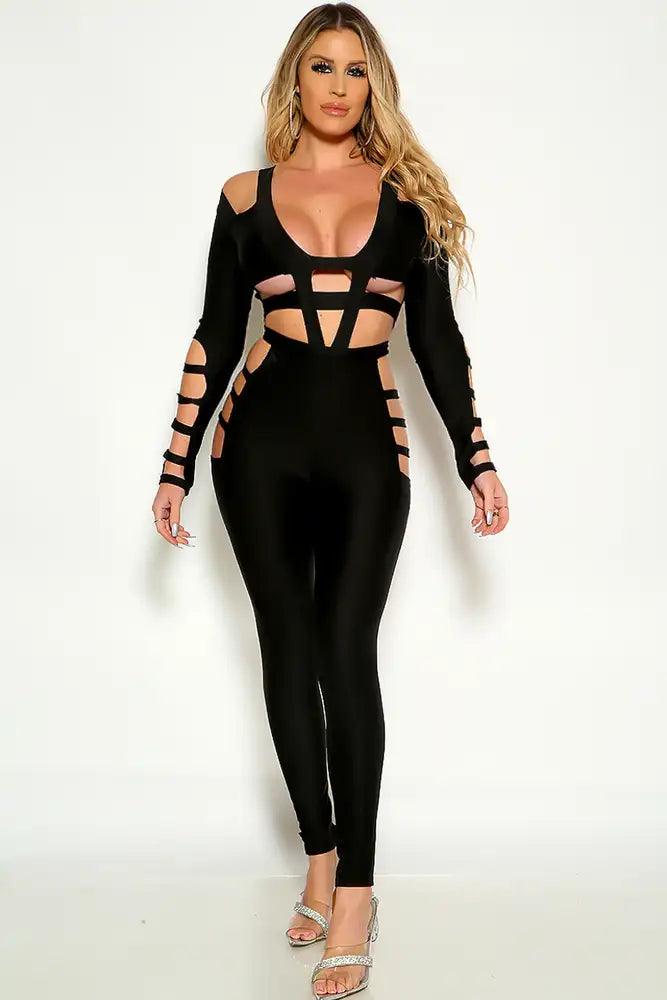 Black Long Sleeve Strappy Caged Detail Jumpsuit - AMIClubwear