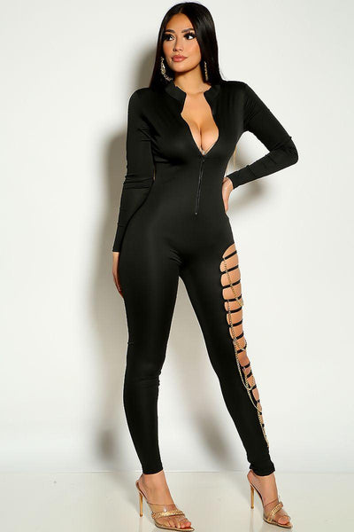 Black Long Sleeve Strappy CHain Detail Sexy Jumpsuit - AMIClubwear