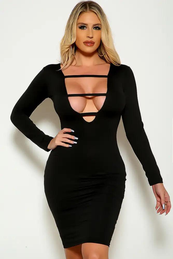 Black Long Sleeve Strappy Party Dress - AMIClubwear