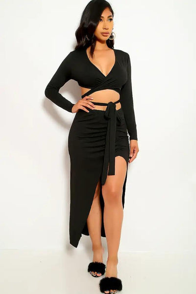 Black Long Sleeve Strappy Two Piece Dress - AMIClubwear