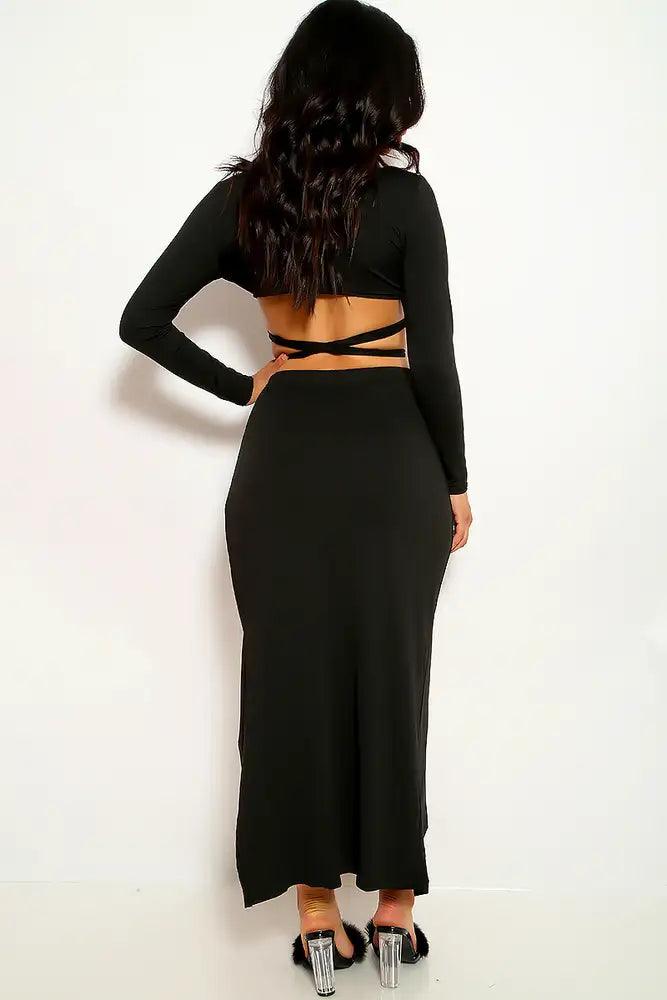 Black Long Sleeve Strappy Two Piece Dress - AMIClubwear