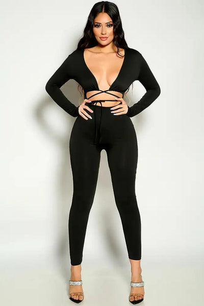 Black Long Sleeve Strappy Wrap Around Sexy Jumpsuit - AMIClubwear