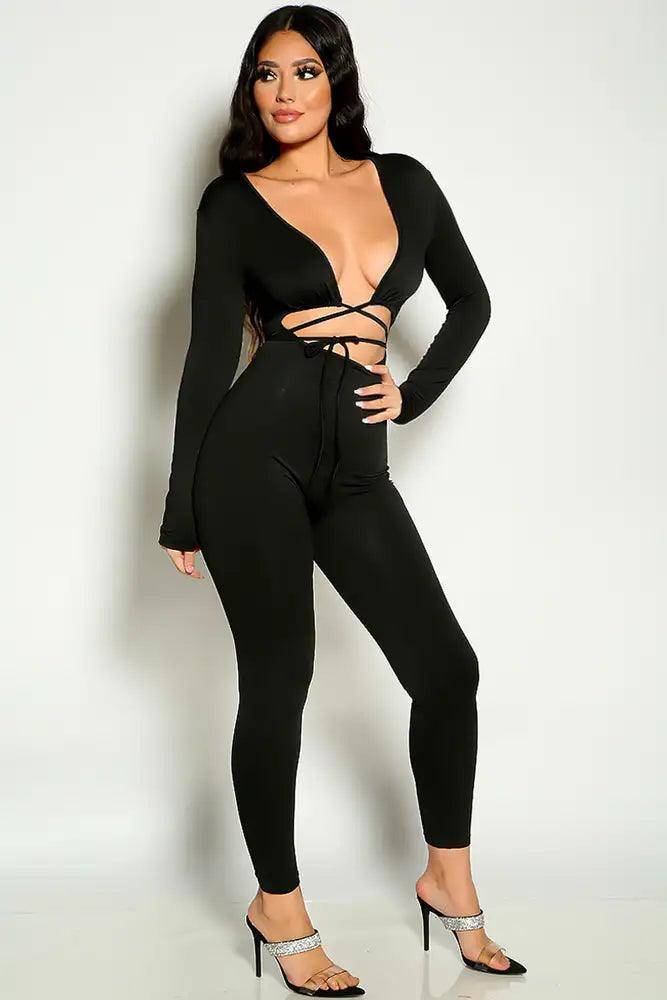 Black Long Sleeve Strappy Wrap Around Sexy Jumpsuit - AMIClubwear