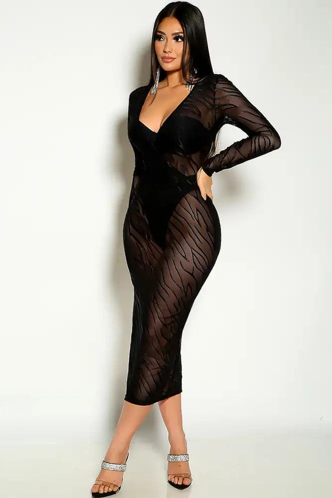 Black Long Sleeve Striped Mesh Sexy Party Dress - AMIClubwear