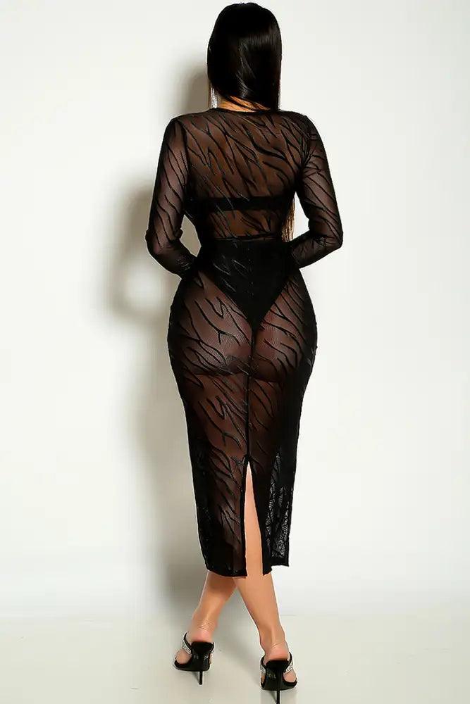 Black Long Sleeve Striped Mesh Sexy Party Dress - AMIClubwear