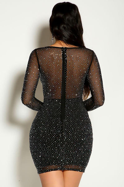 Black Long Sleeve Studded Mesh Detail Party Dress - AMIClubwear