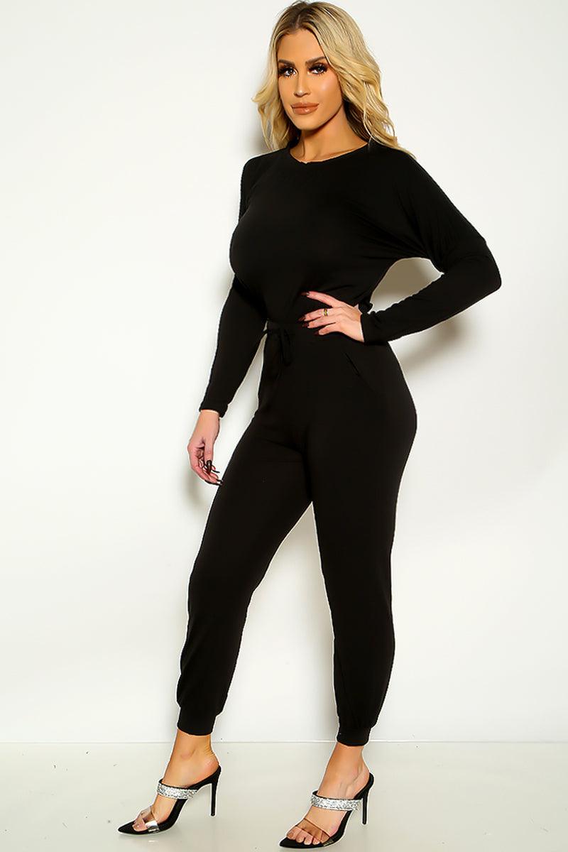 Black Long Sleeve Top Matching Pants With Pockets Lounge Set - AMIClubwear