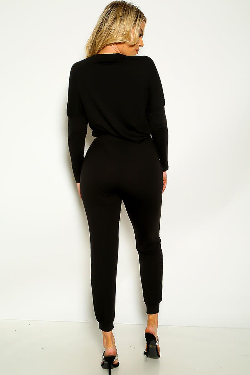 Black Long Sleeve Top Matching Pants With Pockets Lounge Set - AMIClubwear