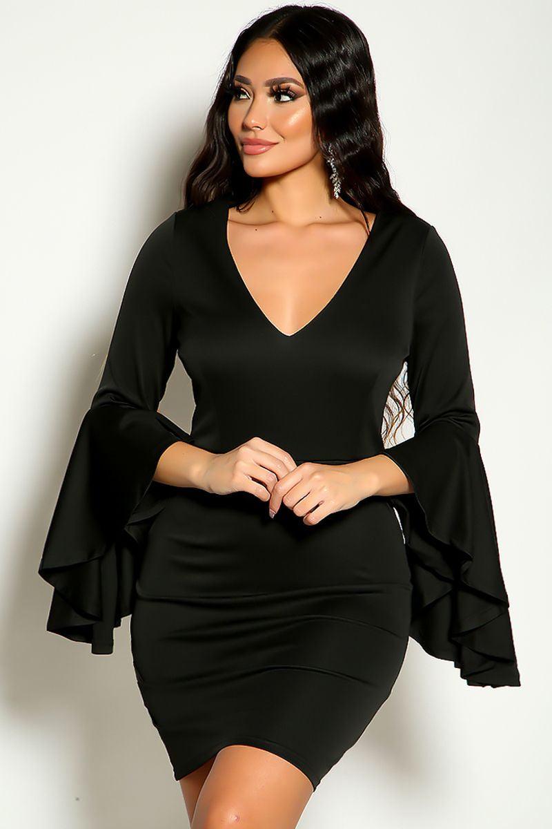 Black Long Sleeve V-Cut Neckline Bell Sleeves Party Dress - AMIClubwear