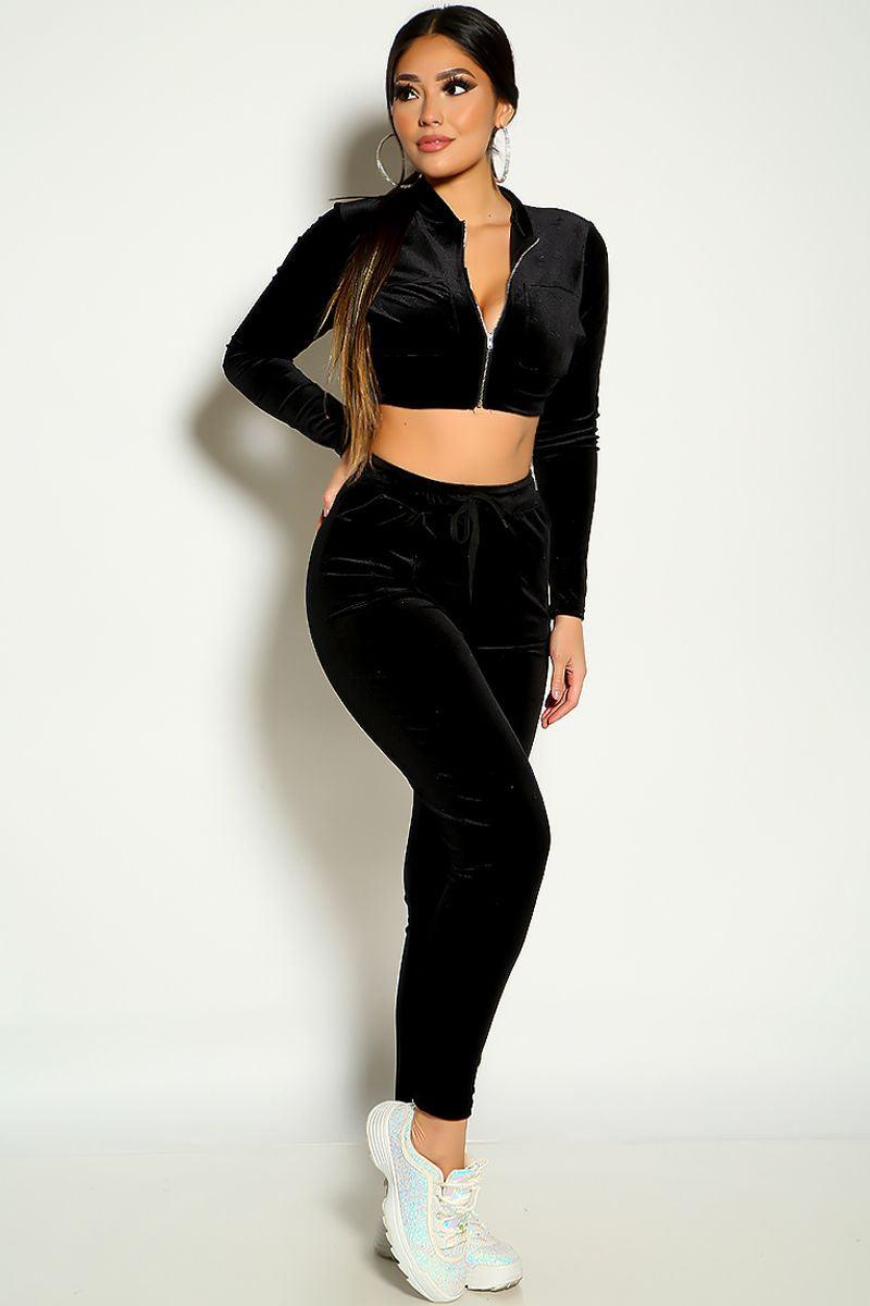 Black Long Sleeve Velvet Cropped Two Piece Outfit - AMIClubwear