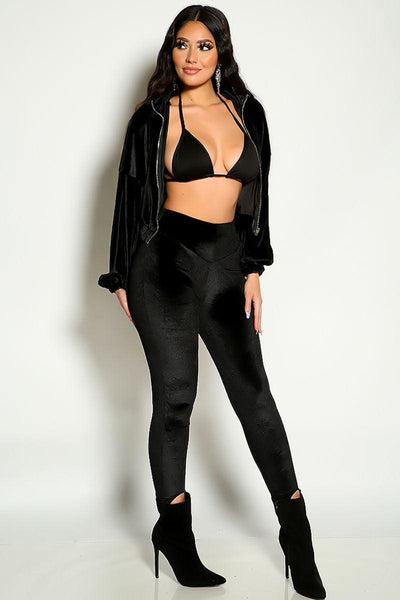 Black Long Sleeve Velvet Two Piece Loungewear - AMIClubwear