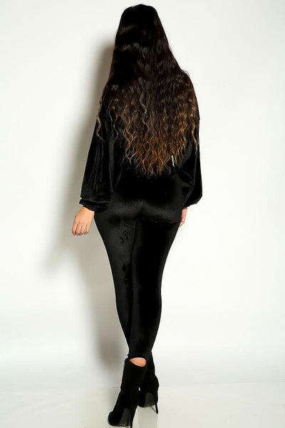 Black Long Sleeve Velvet Two Piece Loungewear - AMIClubwear