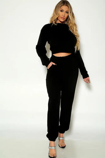 Black Long Sleeve Warm Loungewear Two Piece Outfit - AMIClubwear