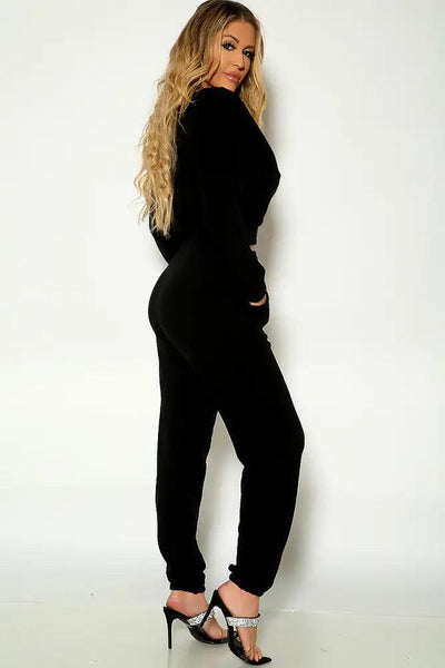 Black Long Sleeve Warm Loungewear Two Piece Outfit - AMIClubwear