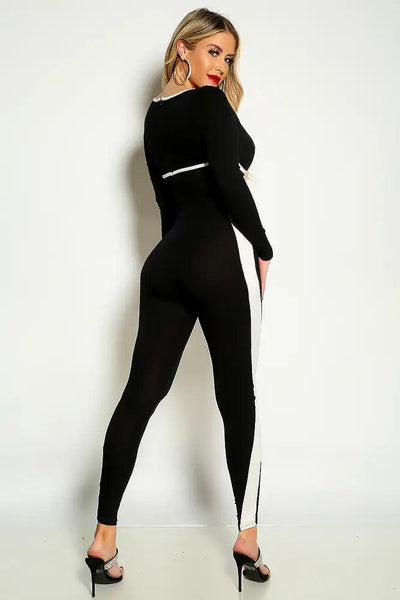 Black Long Sleeve White Trim Ribbed Fitted Jumpsuit - AMIClubwear