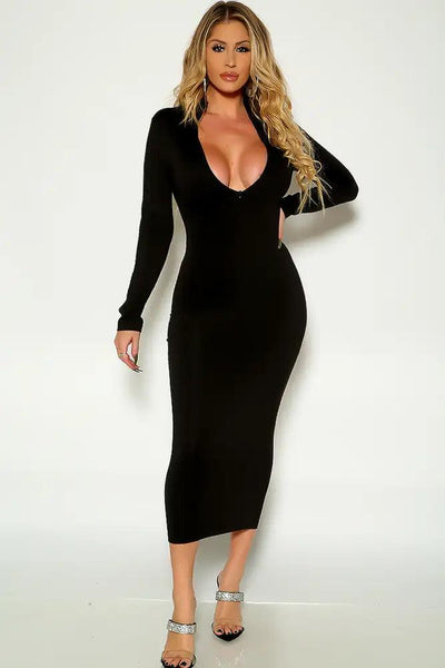 Black Long Sleeve Zip Up Midi Party Dress - AMIClubwear