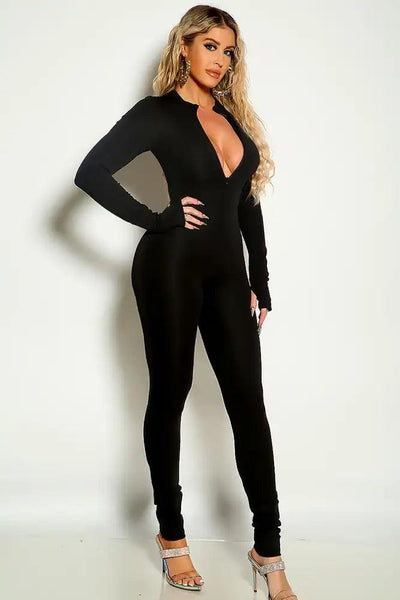 Black Long Sleeve Zip Up Mock Neck Fitted Jumpsuit - AMIClubwear