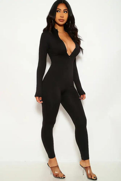 Black Long Sleeve Zipper Jumpsuit - AMIClubwear