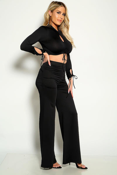Black Long Sleeves Flared Drawstrings Two Piece Outfit - AMIClubwear