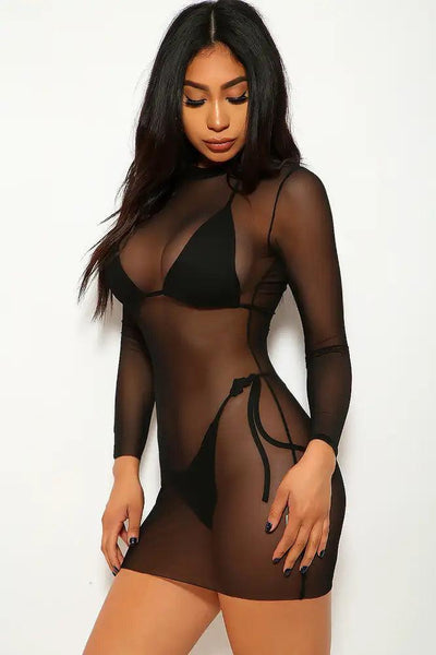 Black Long Sleeves Mesh Sexy Dress Swim Cover Up - AMIClubwear