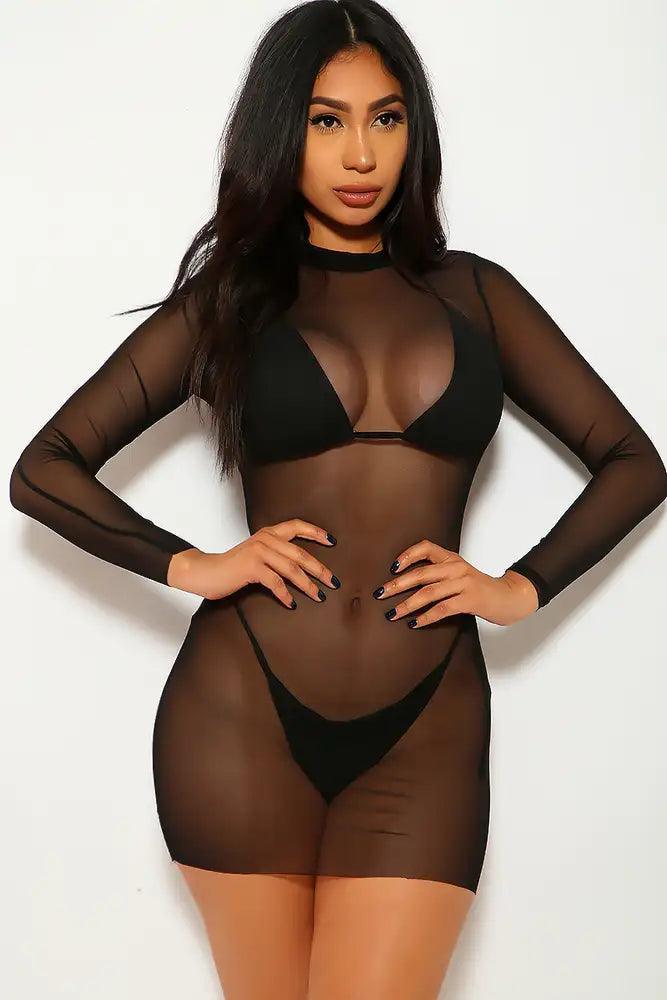 Black Long Sleeves Mesh Sexy Dress Swim Cover Up - AMIClubwear