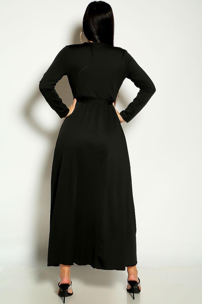 Black Long V-Cut Neck Line Belted Slit Maxi Dress - AMIClubwear