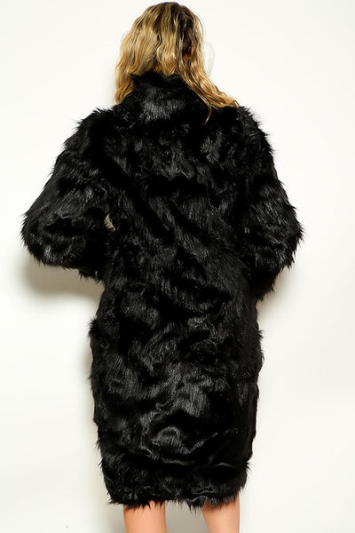 Black Luxe Faux Fur Shaggy Mid Length Coat - AMIClubwear