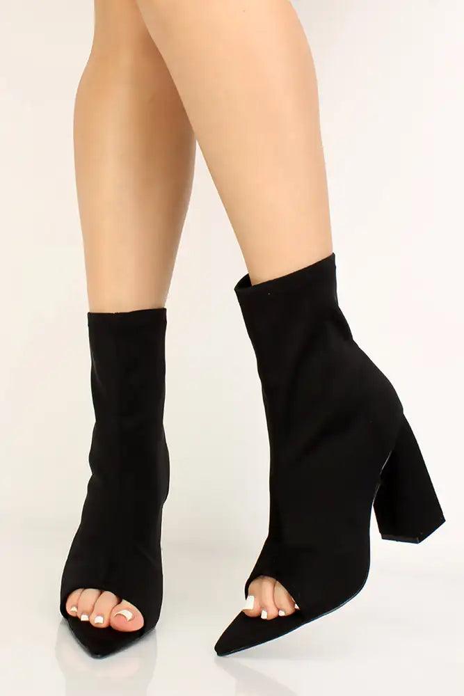 Black Lycra Knit Chunky Heel Booties - AMIClubwear