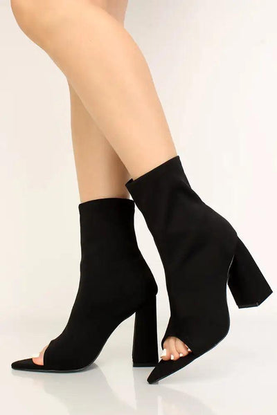 Black Lycra Knit Chunky Heel Booties - AMIClubwear