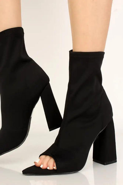 Black Lycra Knit Chunky Heel Booties - AMIClubwear