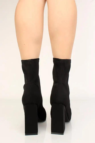 Black Lycra Knit Chunky Heel Booties - AMIClubwear