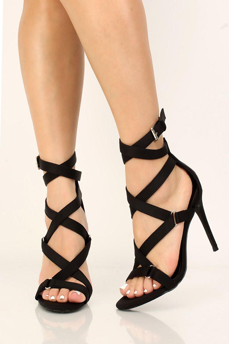 Black Lycra Knit Criss Cross Strappy High Heels - AMIClubwear