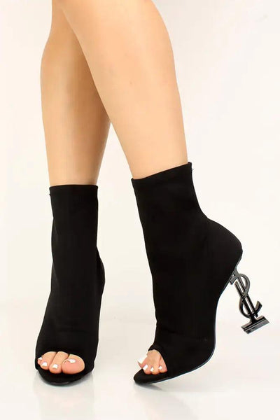 Black Lycra Knit Monogram Peep Toe Booties - AMIClubwear